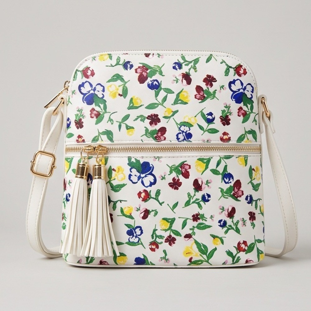 White‎ Floral Tassel Crossbody Bag Faux Leather Gold Hardware Cottagecore Boho